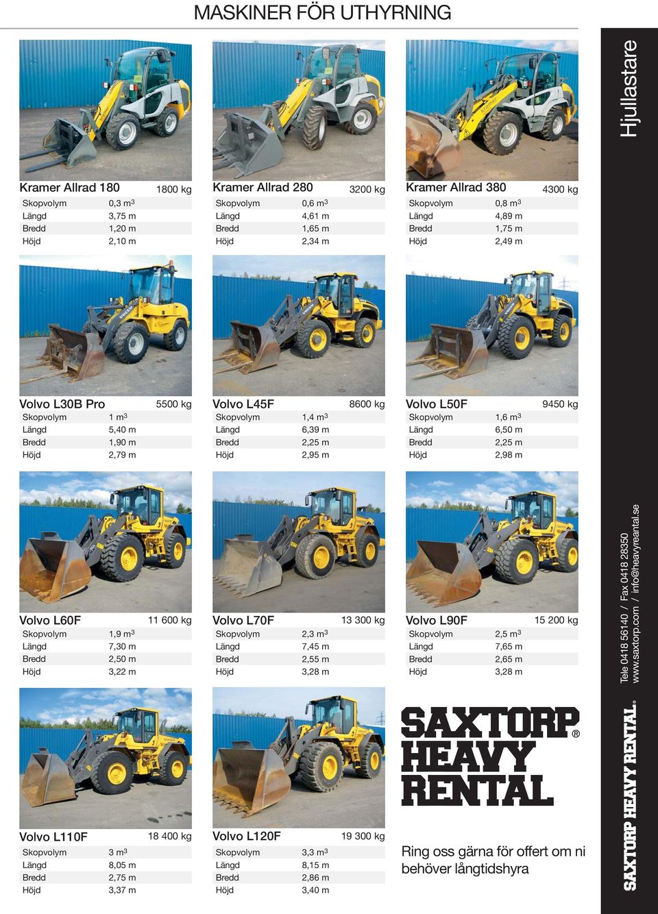 2,98 m 945 kg Volvo L6F Skopvolym 1,9 m 3 7,3 m 2,5 m 3,22 m 11 6 kg Volvo L7F Skopvolym 2,3 m 3 7,45 m 2,55 m 3,28 m 13 3 kg Volvo L9F Skopvolym 2,5 m 3 7,65 m 2,65 m 3,28
