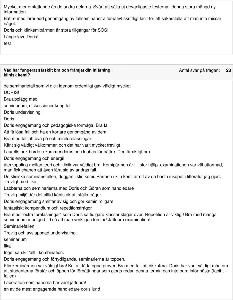 Vad har fungerat särskilt bra och främjat din inlärning i klinisk kemi? Antal svar på frågan: 28 de seminariefall som vi gick igenom ordentligt gav väldigt mycket DORIS!