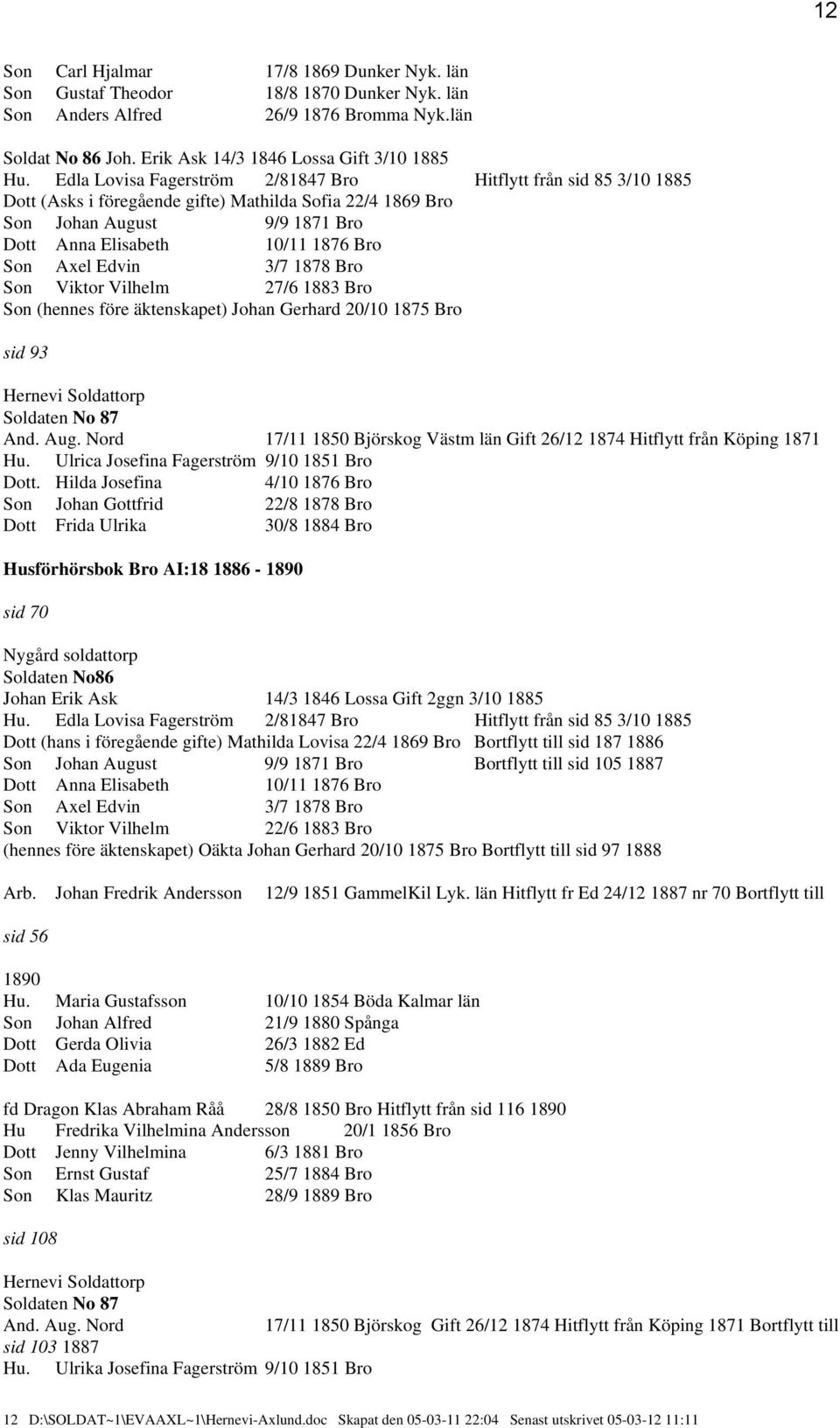 Edvin 3/7 1878 Bro Son Viktor Vilhelm 27/6 1883 Bro Son (hennes före äktenskapet) Johan Gerhard 20/10 1875 Bro sid 93 Hernevi Soldattorp Soldaten No 87 And. Aug.