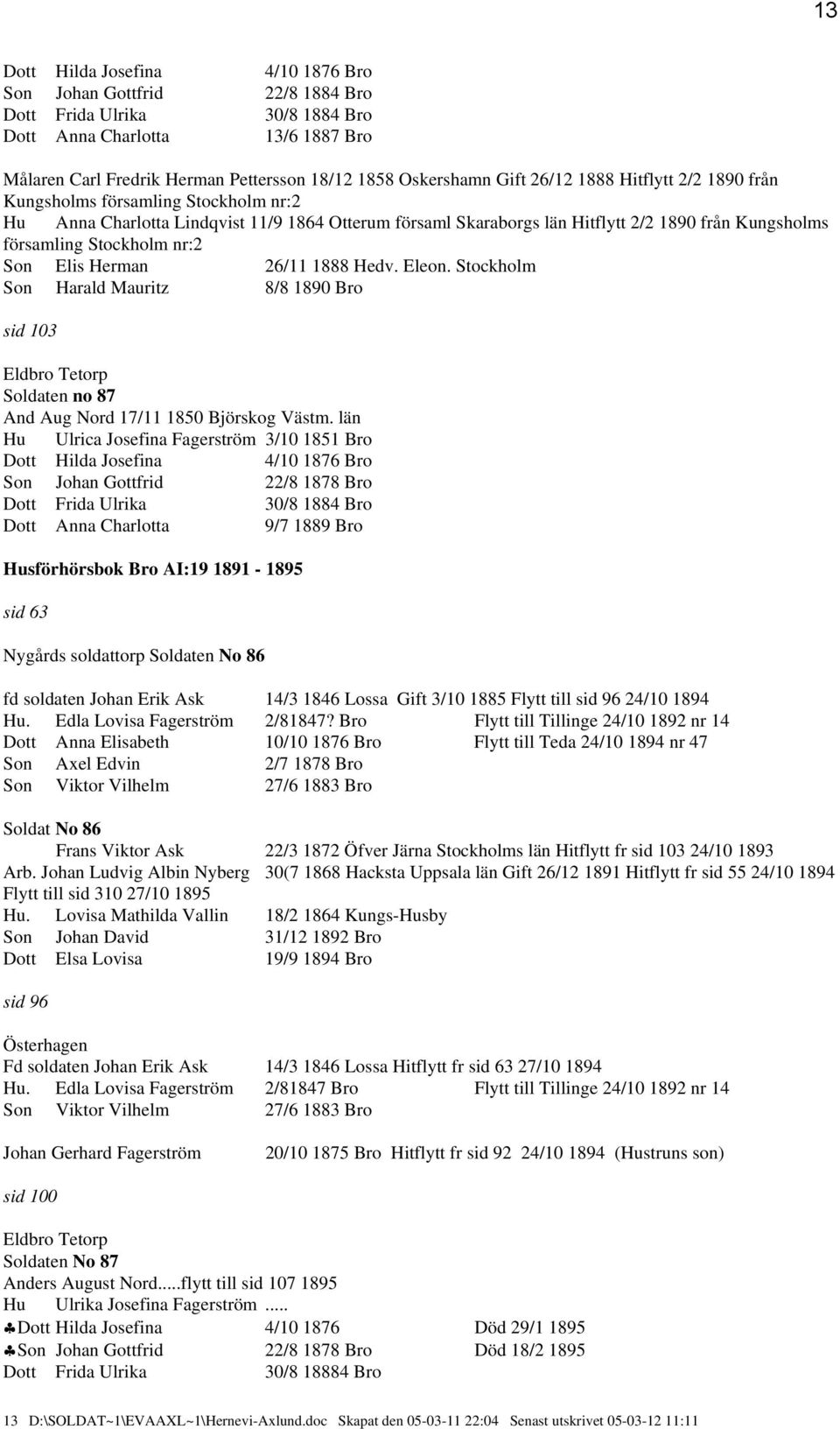 nr:2 Son Elis Herman 26/11 1888 Hedv. Eleon. Stockholm Son Harald Mauritz 8/8 1890 Bro sid 103 Eldbro Tetorp Soldaten no 87 And Aug Nord 17/11 1850 Björskog Västm.