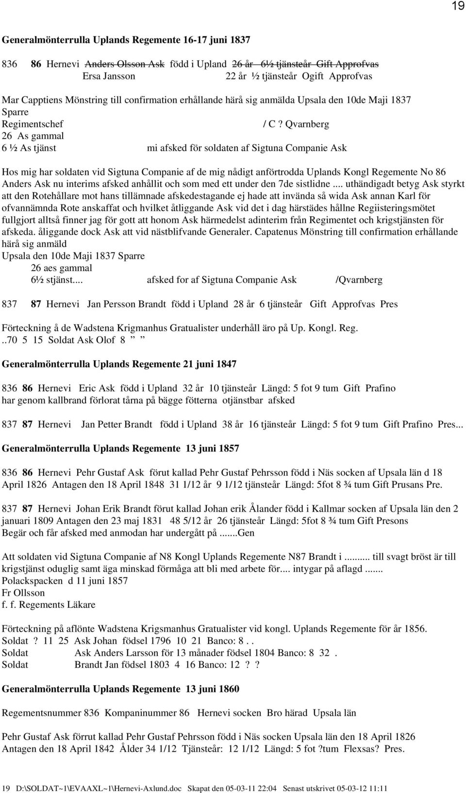 Qvarnberg 26 As gammal 6 ½ As tjänst mi afsked för soldaten af Sigtuna Companie Ask Hos mig har soldaten vid Sigtuna Companie af de mig nådigt anförtrodda Uplands Kongl Regemente No 86 Anders Ask nu