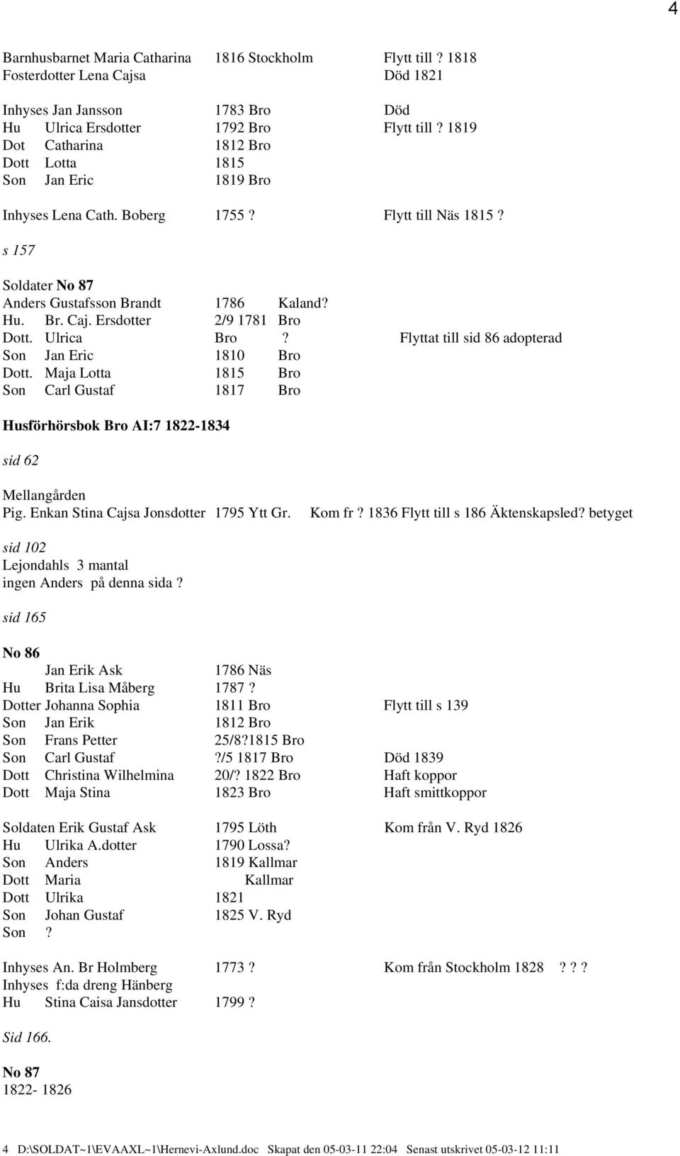 Ersdotter 2/9 1781 Bro Dott. Ulrica Bro? Flyttat till sid 86 adopterad Son Jan Eric 1810 Bro Dott.