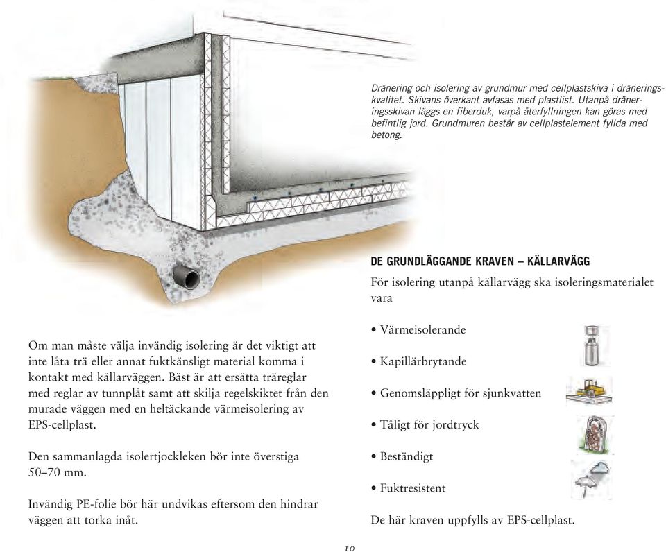 DE GRUNDLÄGGANDE KRAVEN KÄLLARVÄGG För isolering utanpå källarvägg ska isoleringsmaterialet vara Om man måste välja invändig isolering är det viktigt att inte låta trä eller annat fuktkänsligt