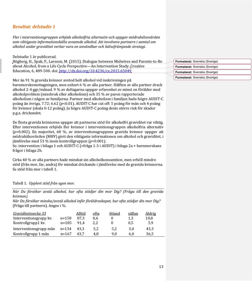 Dialogue between Midwives and Parents-to-Be about Alcohol, from a Life Cycle Perspective An Intervention Study. Creative Education, 6, 489-500. doi: http://dx.doi.org/10.4236/ce.2015.