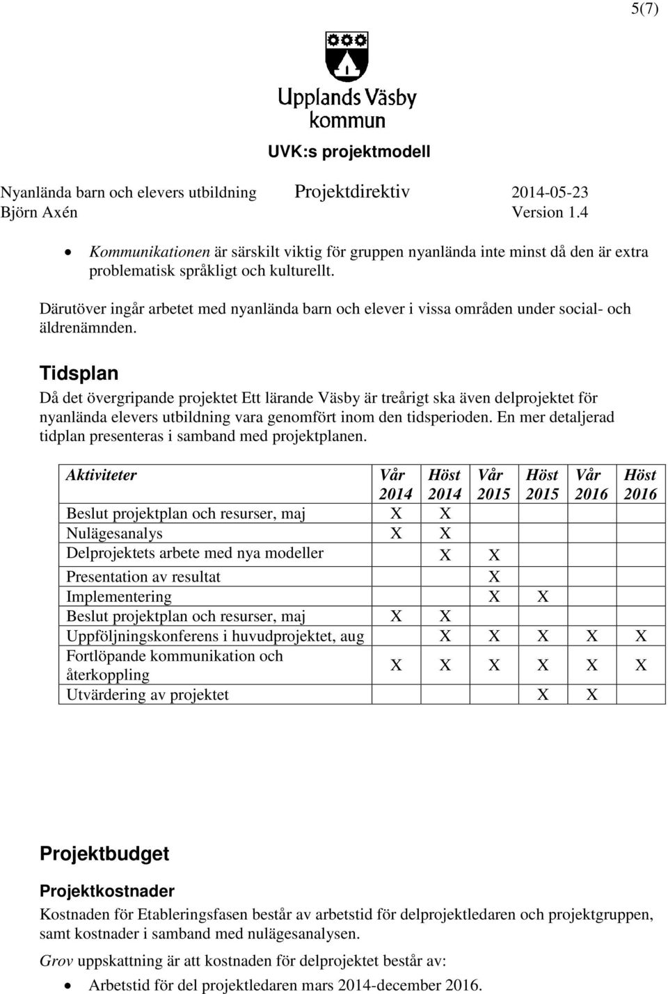Tidsplan Då det övergripande projektet Ett lärande Väsby är treårigt ska även delprojektet för nyanlända elevers utbildning vara genomfört inom den tidsperioden.