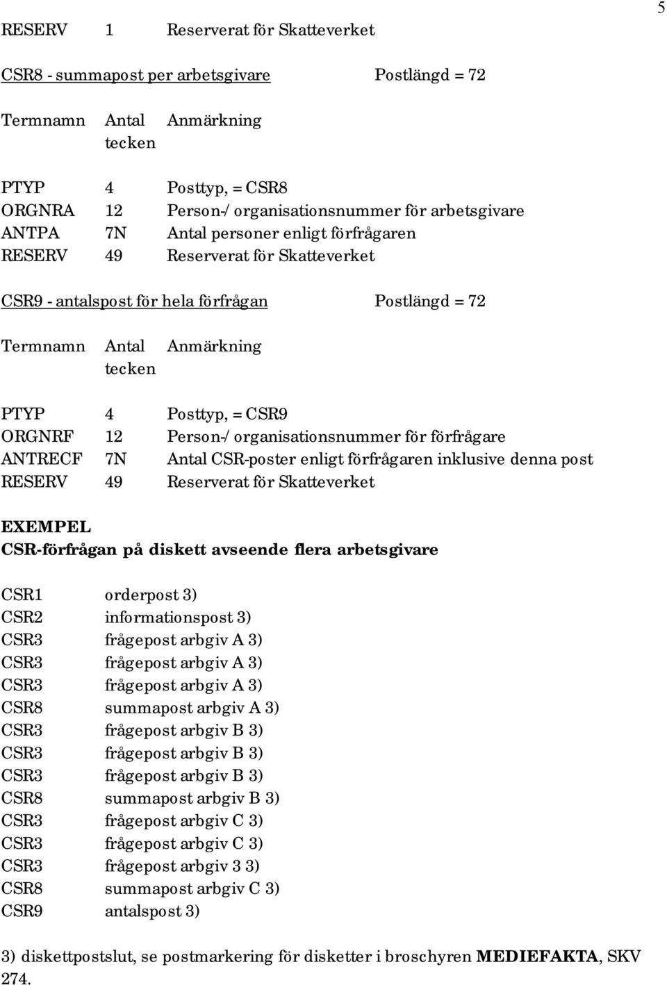 CSR-poster enligt förfrågaren inklusive denna post RESERV 49 Reserverat för Skatteverket EXEMPEL CSR-förfrågan på diskett avseende flera arbetsgivare CSR1 orderpost 3) CSR2 informationspost 3) CSR3