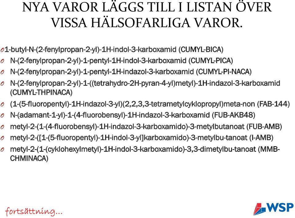 (CUMYL-PI-NACA) O N-(2-fenylpropan-2-yl)-1-((tetrahydro-2H-pyran-4-yl)metyl)-1H-indazol-3-karboxamid (CUMYL-THPINACA) O (1-(5-fluoropentyl)-1H-indazol-3-yl)(2,2,3,3-tetrametylcyklopropyl)meta-non