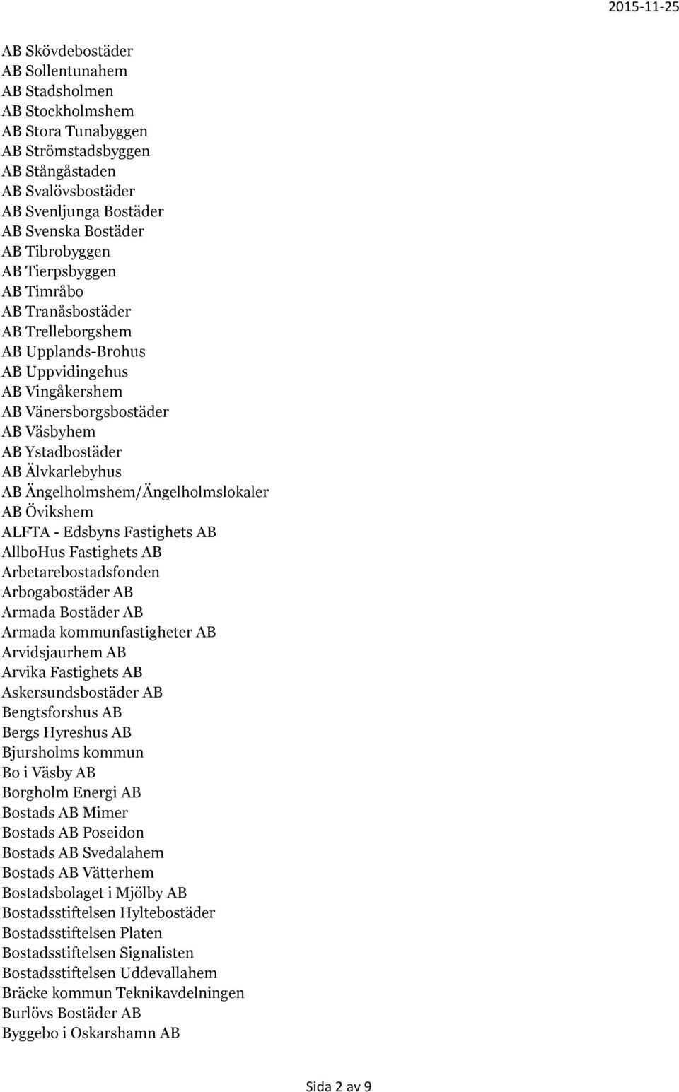 Ängelholmshem/Ängelholmslokaler AB Övikshem ALFTA - Edsbyns Fastighets AB AllboHus Fastighets AB Arbetarebostadsfonden Arbogabostäder AB Armada Bostäder AB Armada kommunfastigheter AB Arvidsjaurhem