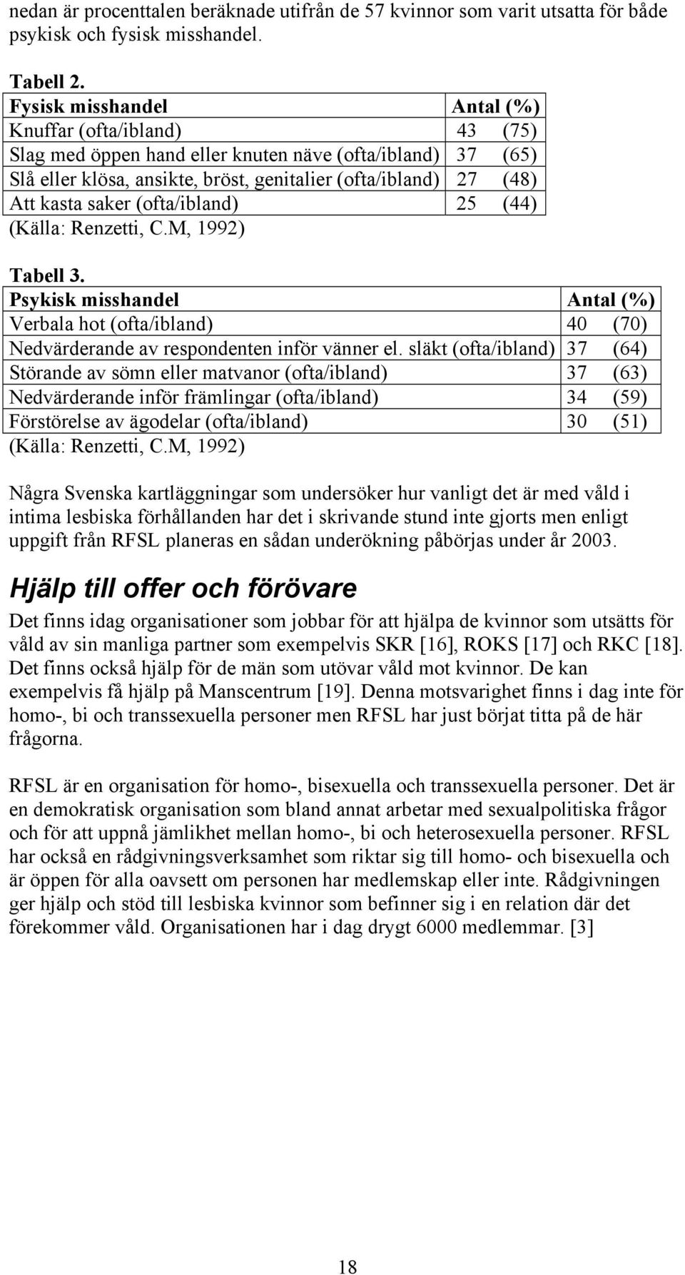 (ofta/ibland) 25 (44) (Källa: Renzetti, C.M, 1992) Tabell 3. Psykisk misshandel Antal (%) Verbala hot (ofta/ibland) 40 (70) Nedvärderande av respondenten inför vänner el.