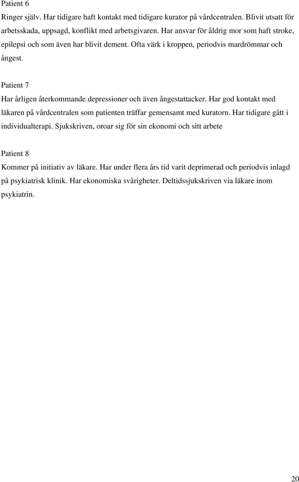 Patient 7 Har årligen återkommande depressioner och även ångestattacker. Har god kontakt med läkaren på vårdcentralen som patienten träffar gemensamt med kuratorn.