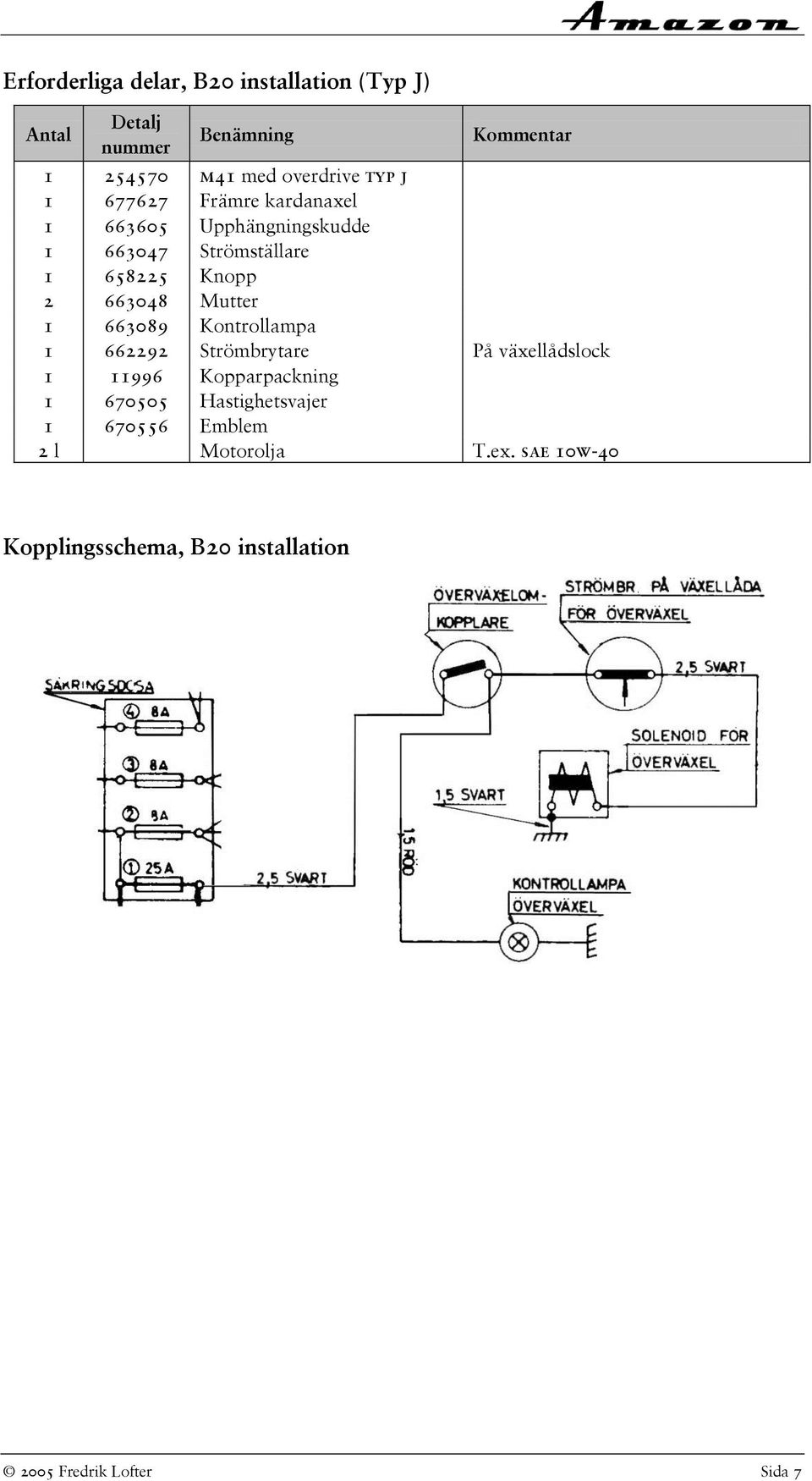 663048 Mutter 1 663089 Kontrollampa 1 662292 Strömbrytare På växellådslock 1 11996 Kopparpackning 1 670505