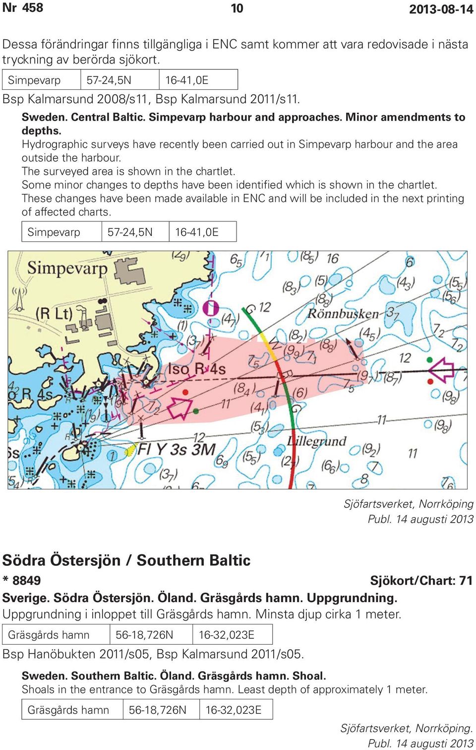 The surveyed area is shown in the chartlet. Some minor changes to depths have been identified which is shown in the chartlet.