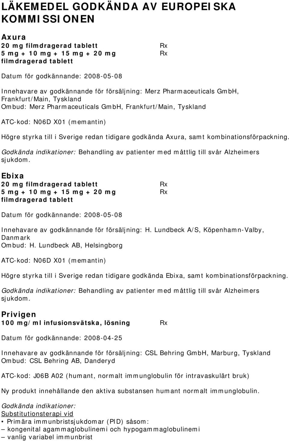 godkända Axura, samt kombinationsförpackning. Behandling av patienter med måttlig till svår Alzheimers sjukdom.