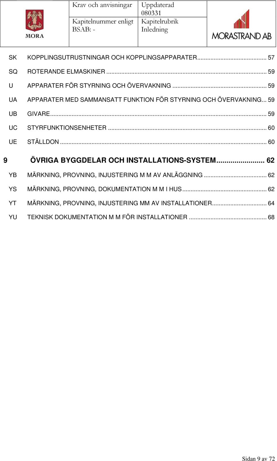 .. 60 9 ÖVRIGA BYGGDELAR OCH INSTALLATIONS-SYSTEM... 62 YB MÄRKNING, PROVNING, INJUSTERING M M AV ANLÄGGNING.