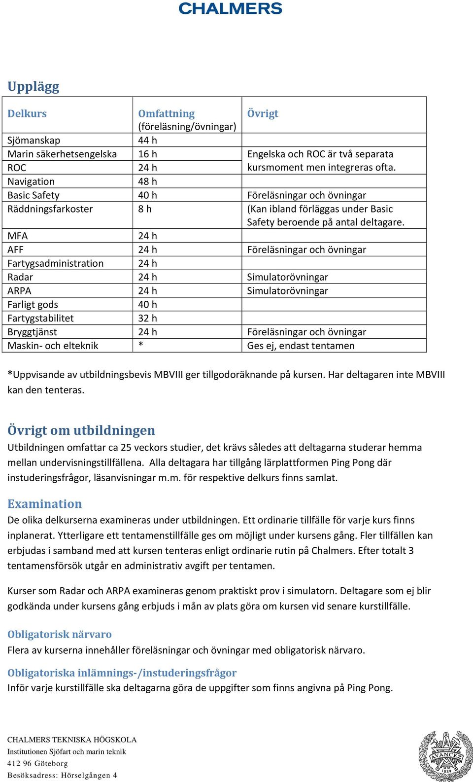 MFA 24 h AFF 24 h Föreläsningar och övningar Fartygsadministration 24 h Radar 24 h Simulatorövningar ARPA 24 h Simulatorövningar Farligt gods 40 h Fartygstabilitet 32 h Bryggtjänst 24 h Föreläsningar