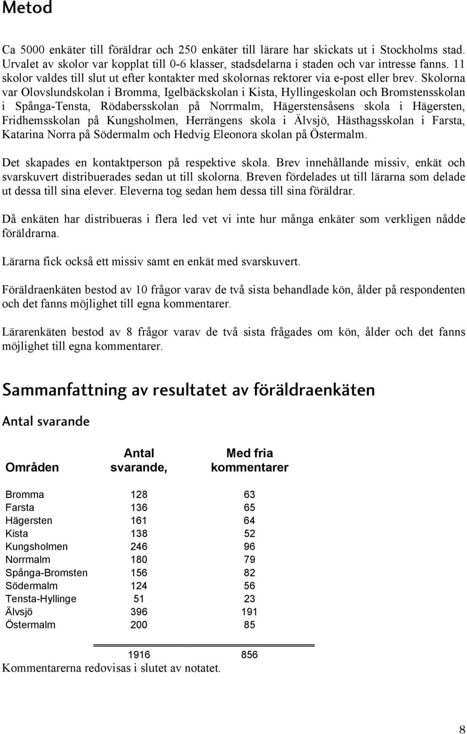 Skolorna var Olovslundskolan i Bromma, Igelbäckskolan i Kista, Hyllingeskolan och Bromstensskolan i Spånga-Tensta, Rödabersskolan på Norrmalm, Hägerstensåsens skola i Hägersten, Fridhemsskolan på