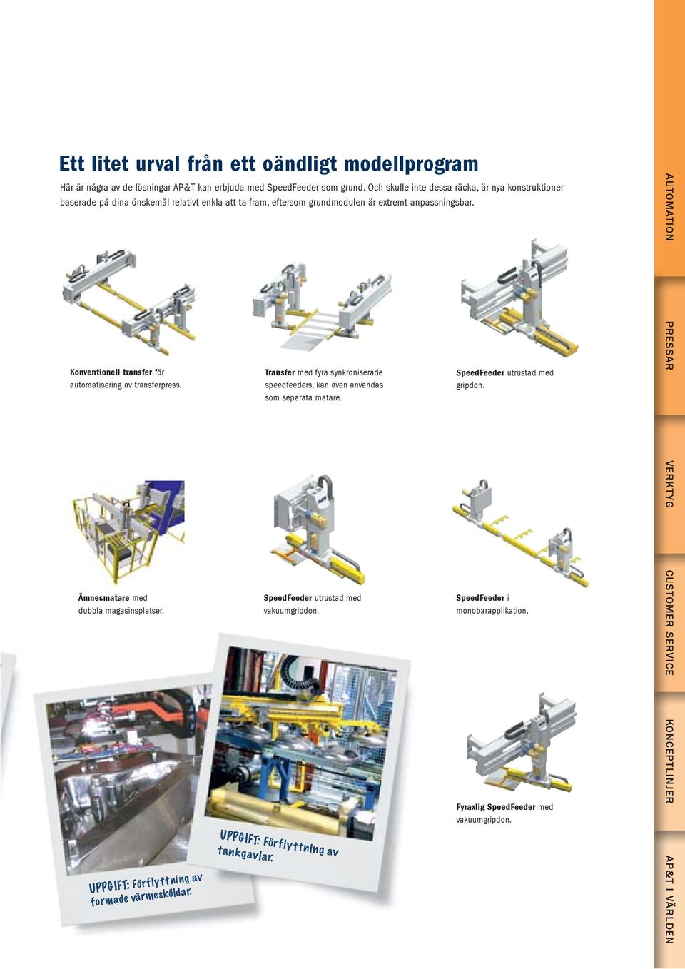 AUTOMATION Konventionell transfer för automatisering av transferpress. Transfer med fyra synkroniserade speedfeeders, kan även användas som separata matare. SpeedFeeder utrustad med gripdon.