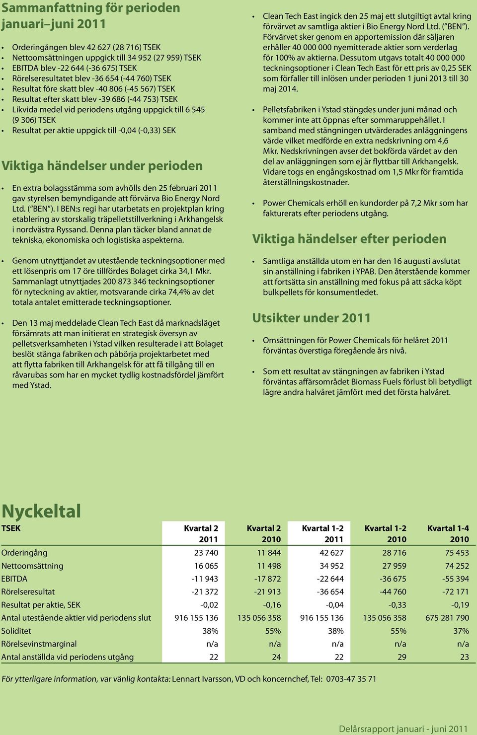 uppgick till -0,04 (-0,33) SEK Viktiga händelser under perioden En extra bolagsstämma som avhölls den 25 februari gav styrelsen bemyndigande att förvärva Bio Energy Nord Ltd. ( BEN ).