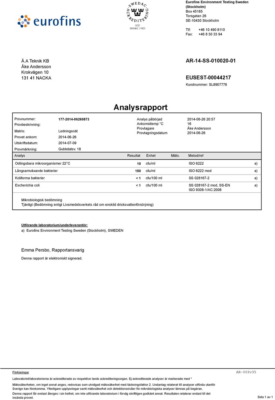 bakterier 150 cfu/ml mod, SS-EN Tjänligt (Bedömning enligt