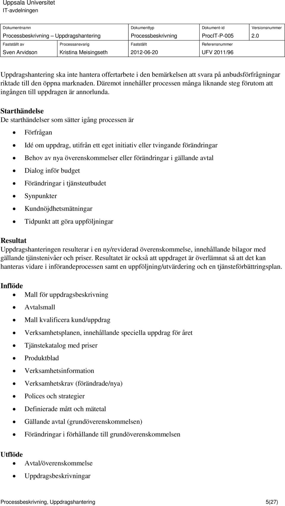 Starthändelse De starthändelser som sätter igång processen är Förfrågan Idé om, utifrån ett eget initiativ eller tvingande förändringar Behov av nya r eller förändringar i gällande avtal Dialog inför