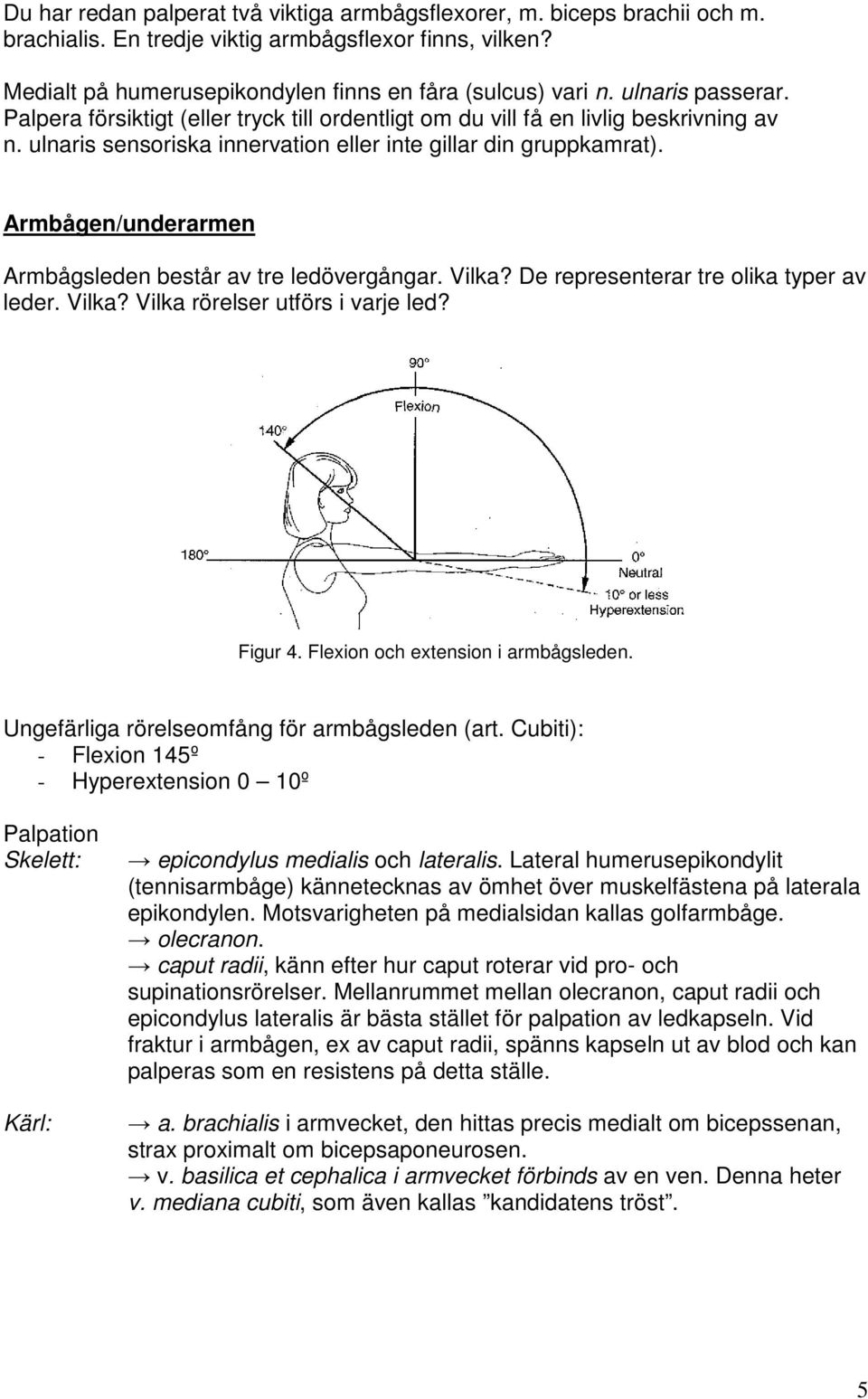 Armbågen/underarmen Armbågsleden består av tre ledövergångar. Vilka? De representerar tre olika typer av leder. Vilka? Vilka rörelser utförs i varje led? Figur 4. Flexion och extension i armbågsleden.