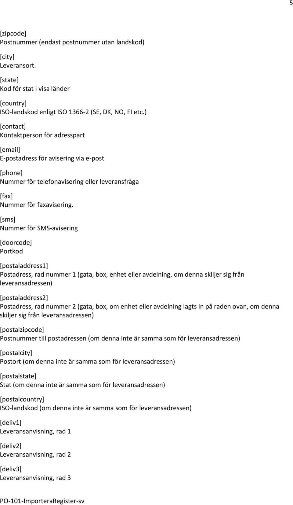 [sms] Nummer för SMS-avisering [doorcode] Portkod [postaladdress1] Postadress, rad nummer 1 (gata, box, enhet eller avdelning, om denna skiljer sig från leveransadressen) [postaladdress2] Postadress,