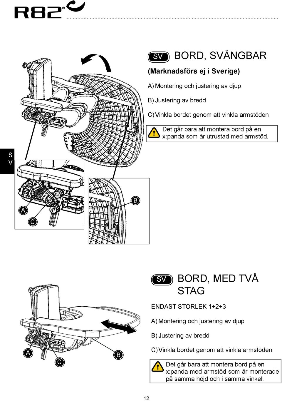 C ord, med två stag ENDT TORLEK 1+2+3 ) Montering och justering av djup ) Justering av bredd C C) inkla bordet