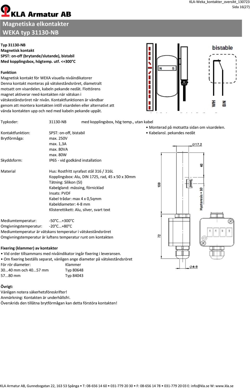 Kontaktfunktion: SPST: on-off, bistabil Kabelansl. pekandes nedåt max. 250V max. 1,3A max. 80VA max.