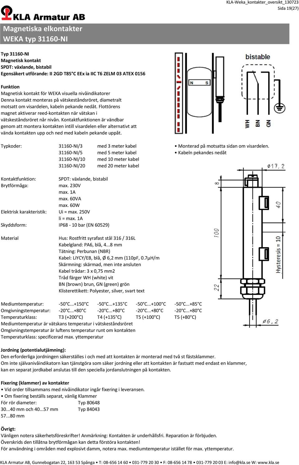 60VA max. 60W Elektrisk karakteristik: Ui = max. 250V li = max. 1A Skyddsform: IP68-10 bar (EN 60529) Kabelgland: PA6, blå, 4...8 mm Kabel: LiYCY/EB, blå, Ø 6,2 mm (110pF, 0.