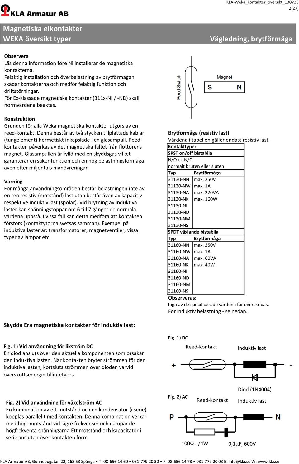 För Ex-klassade magnetiska kontakter (311x-NI / -ND) skall normvärdena beaktas. Konstruktion Grunden för alla Weka magnetiska kontakter utgörs av en reed-kontakt.