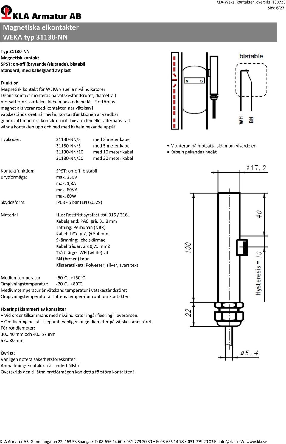 31130-NN/10 med 10 meter kabel Kabeln pekandes nedåt 31130-NN/20 med 20 meter kabel Kontaktfunktion: SPST: on-off, bistabil max. 250V max. 1,3A max.