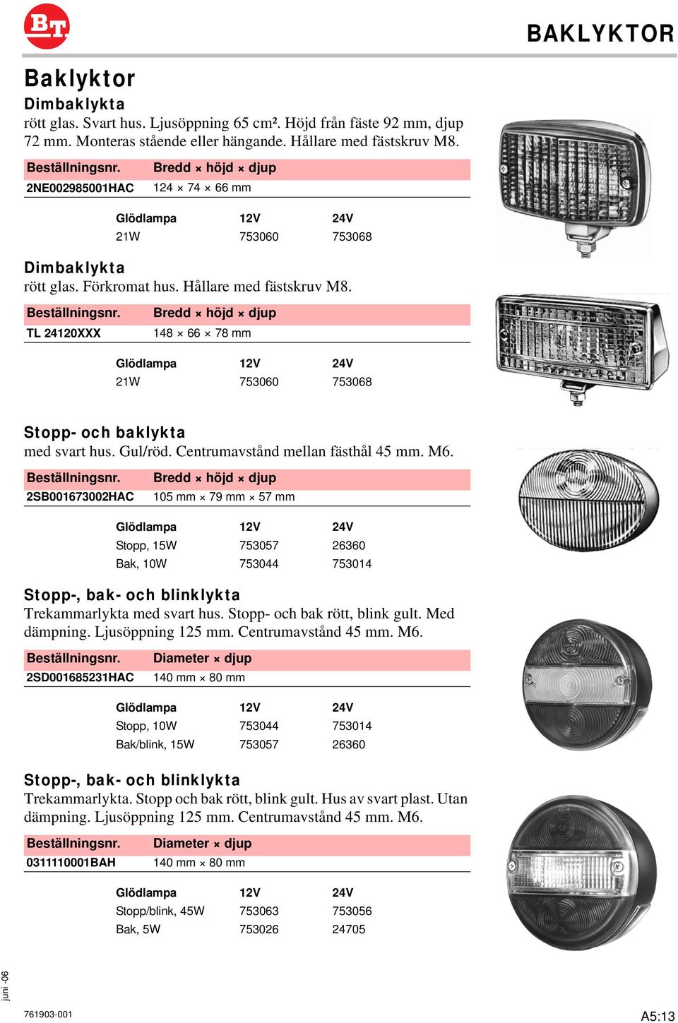 Centrumavstånd mellan fästhål 45 mm. M6. 2SB001673002HAC 105 mm 79 mm 57 mm Stopp, 15W 753057 26360 Bak, 10W 753044 753014 Stopp-, bak- och blinklykta Trekammarlykta med svart hus.