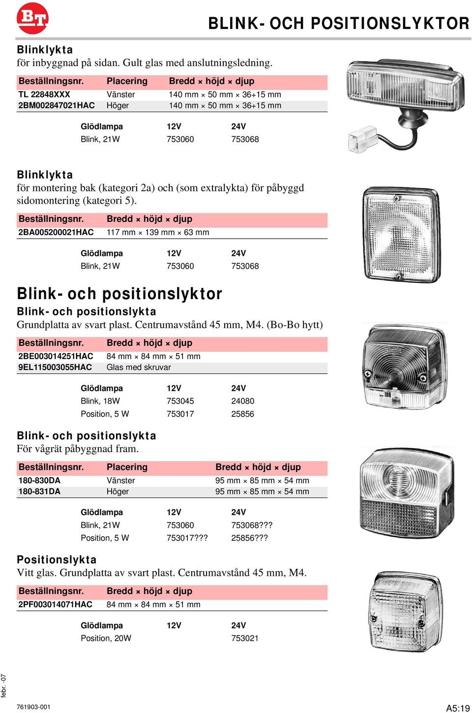 extralykta) för påbyggd sidomontering (kategori 5). 2BA005200021HAC 117 mm 139 mm 63 mm Blink, 21W 753060 753068 Blink- och positionslyktor Blink- och positionslykta Grundplatta av svart plast.