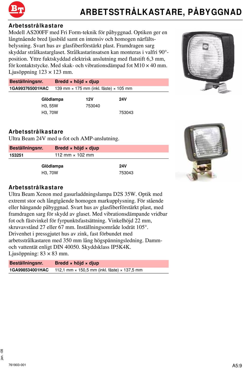 Yttre fuktskyddad elektrisk anslutning med flatstift 6,3 mm, för kontaktstycke. Med skak- och vibrationsdämpad fot M10 40 mm. Ljusöppning 123 123 mm. 1GA993765001HAC 139 mm 175 mm (inkl.