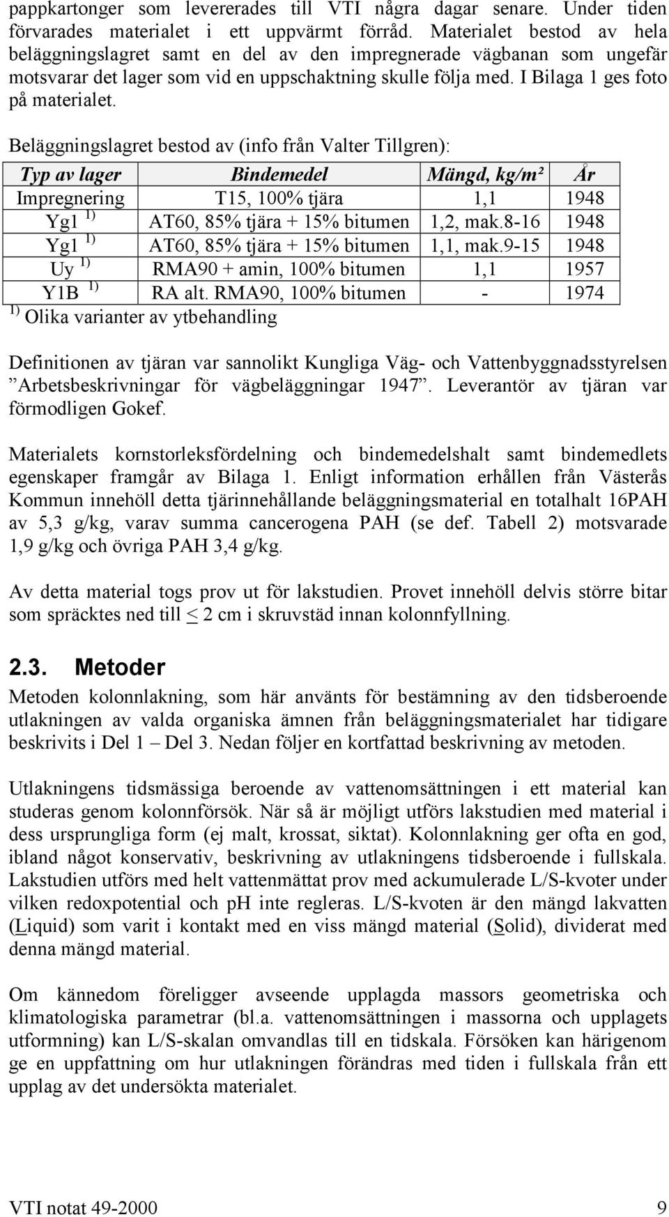 Beläggningslagret bestod av (info från Valter Tillgren): Typ av lager Bindemedel Mängd, kg/m² År Impregnering T15, 100% tjära 1,1 1948 Yg1 1) AT60, 85% tjära + 15% bitumen 1,2, mak.