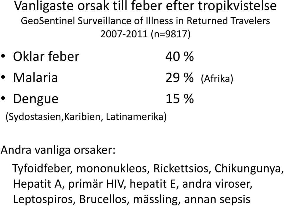 (Sydostasien,Karibien, Latinamerika) 29 % (Afrika) Andra vanliga orsaker: Tyfoidfeber,