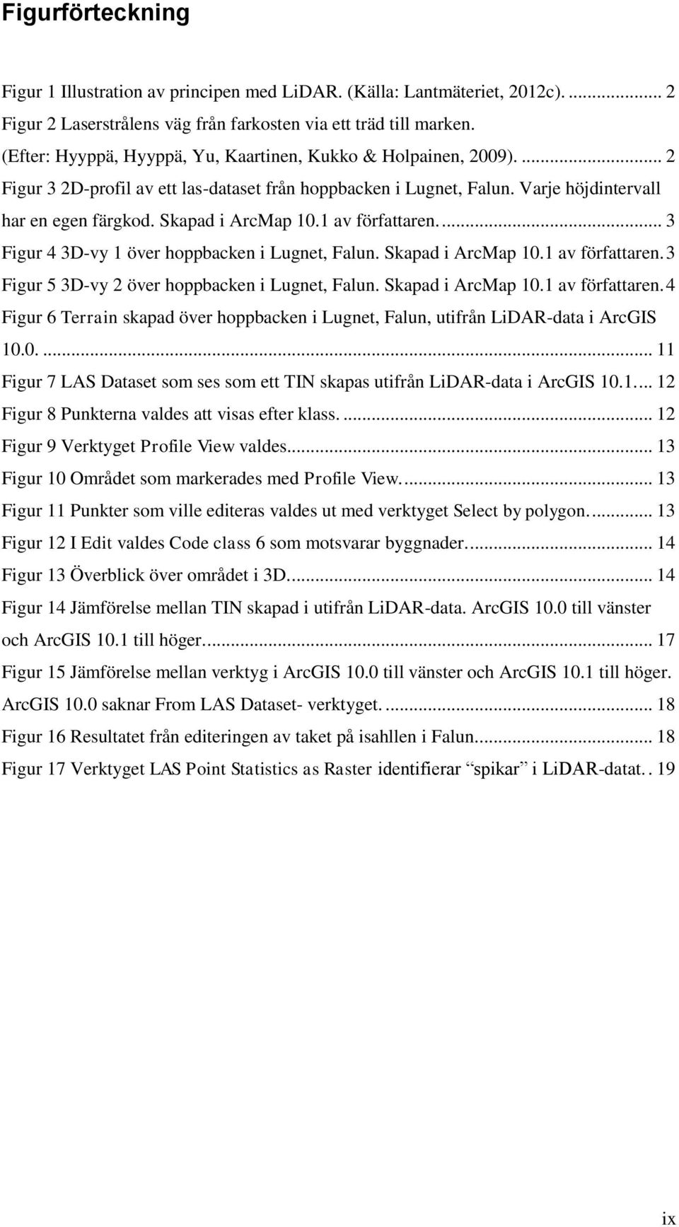 1 av författaren.... 3 Figur 4 3D-vy 1 över hoppbacken i Lugnet, Falun. Skapad i ArcMap 10.1 av författaren. 3 Figur 5 3D-vy 2 över hoppbacken i Lugnet, Falun. Skapad i ArcMap 10.1 av författaren. 4 Figur 6 Terrain skapad över hoppbacken i Lugnet, Falun, utifrån LiDAR-data i ArcGIS 10.