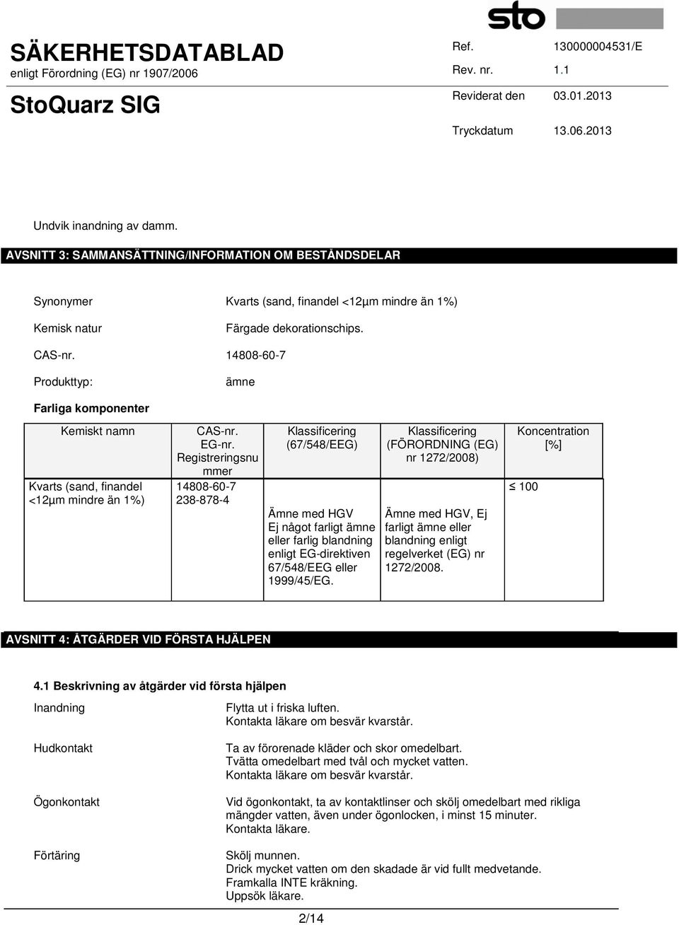 Registreringsnu mmer 14808-60-7 238-878-4 Klassificering (67/548/EEG) Ämne med HGV Ej något farligt ämne eller farlig blandning enligt EG-direktiven 67/548/EEG eller 1999/45/EG.