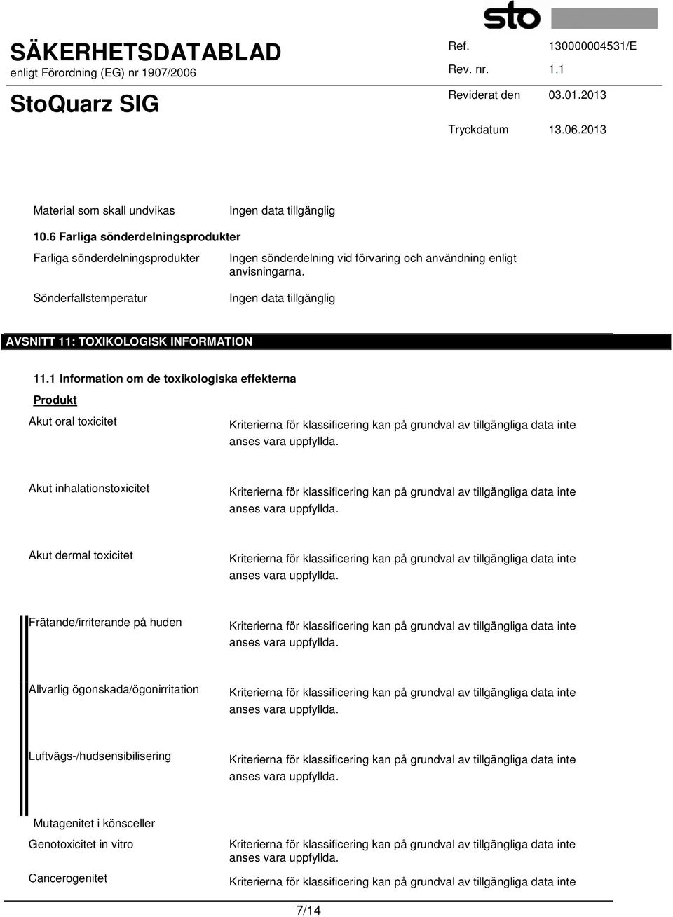 anvisningarna. Sönderfallstemperatur AVSNITT 11: TOXIKOLOGISK INFORMATION 11.