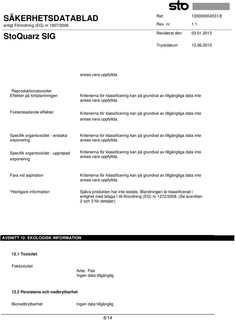 Blandningen är klassificerad i enlighet med bilaga I till förordning (EG) nr 1272/2008. (Se avsnitten 2 och 3 för detaljer).