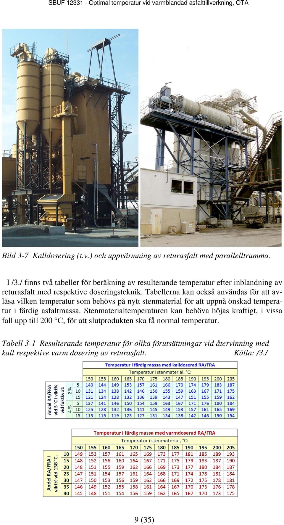 Tabellerna kan också användas för att avläsa vilken temperatur som behövs på nytt stenmaterial för att uppnå önskad temperatur i färdig asfaltmassa.