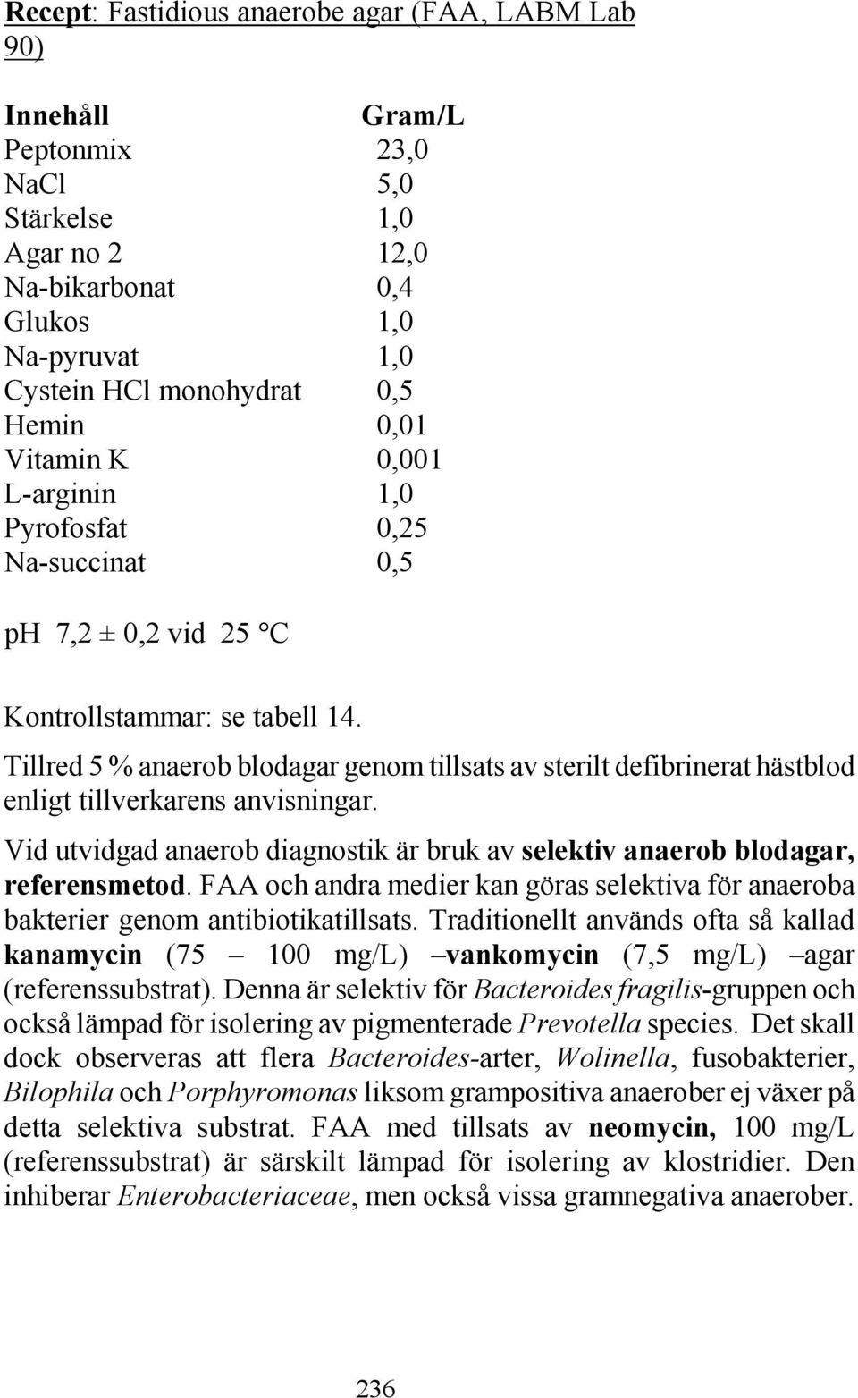 Tillred 5 % anaerob blodagar genom tillsats av sterilt defibrinerat hästblod enligt tillverkarens anvisningar. Vid utvidgad anaerob diagnostik är bruk av selektiv anaerob blodagar, referensmetod.