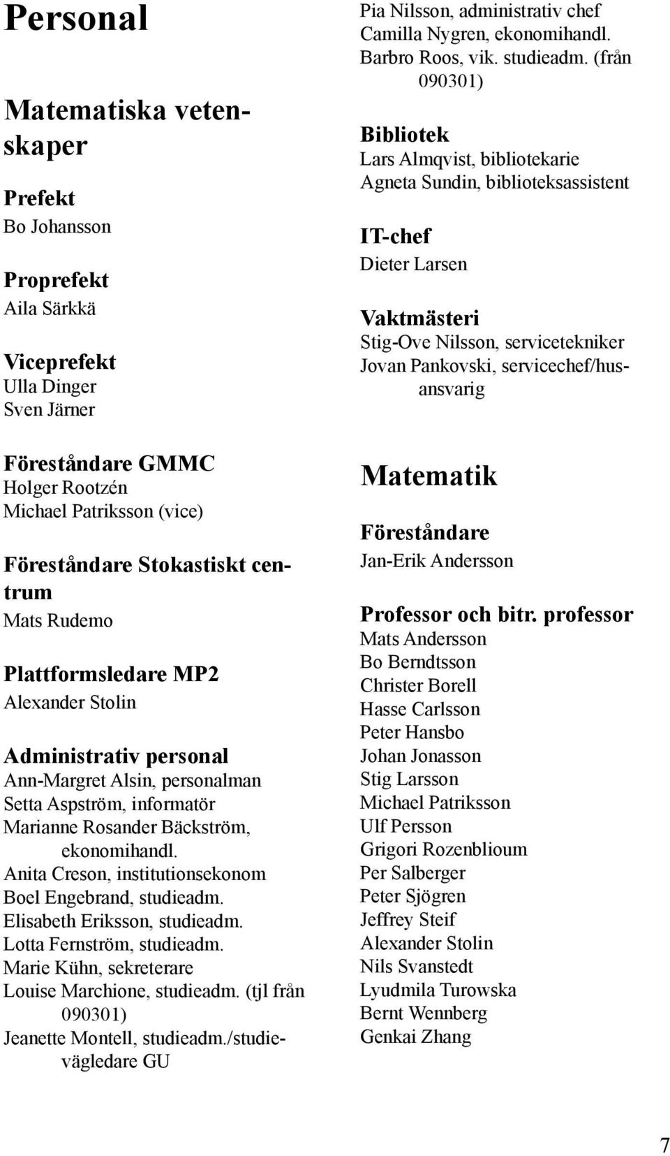 Anita Creson, institutionsekonom Boel Engebrand, studieadm. Elisabeth Eriksson, studieadm. Lotta Fernström, studieadm. Marie Kühn, sekreterare Louise Marchione, studieadm.