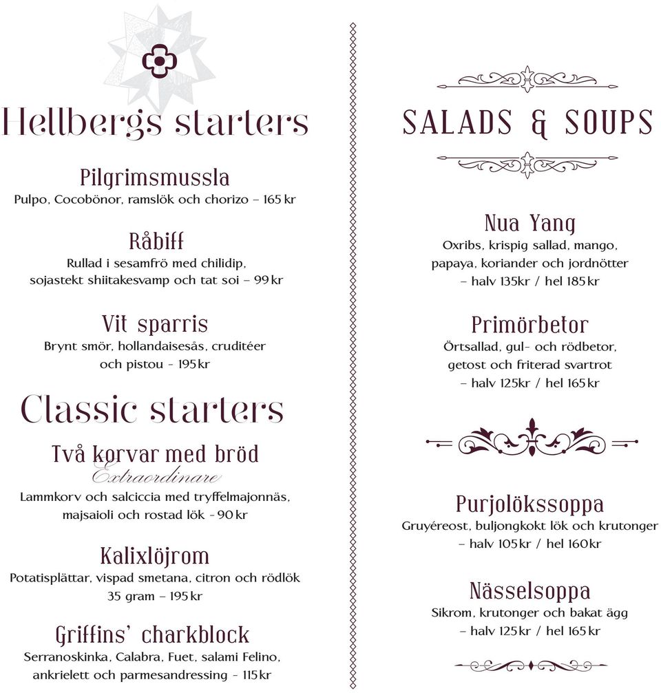 smetana, citron och rödlök 35 gram 195 kr Griffins charkblock Serranoskinka, Calabra, Fuet, salami Felino, ankrielett och parmesandressing - 115kr SALADS & SOUPS Nua Yang Oxribs, krispig sallad,