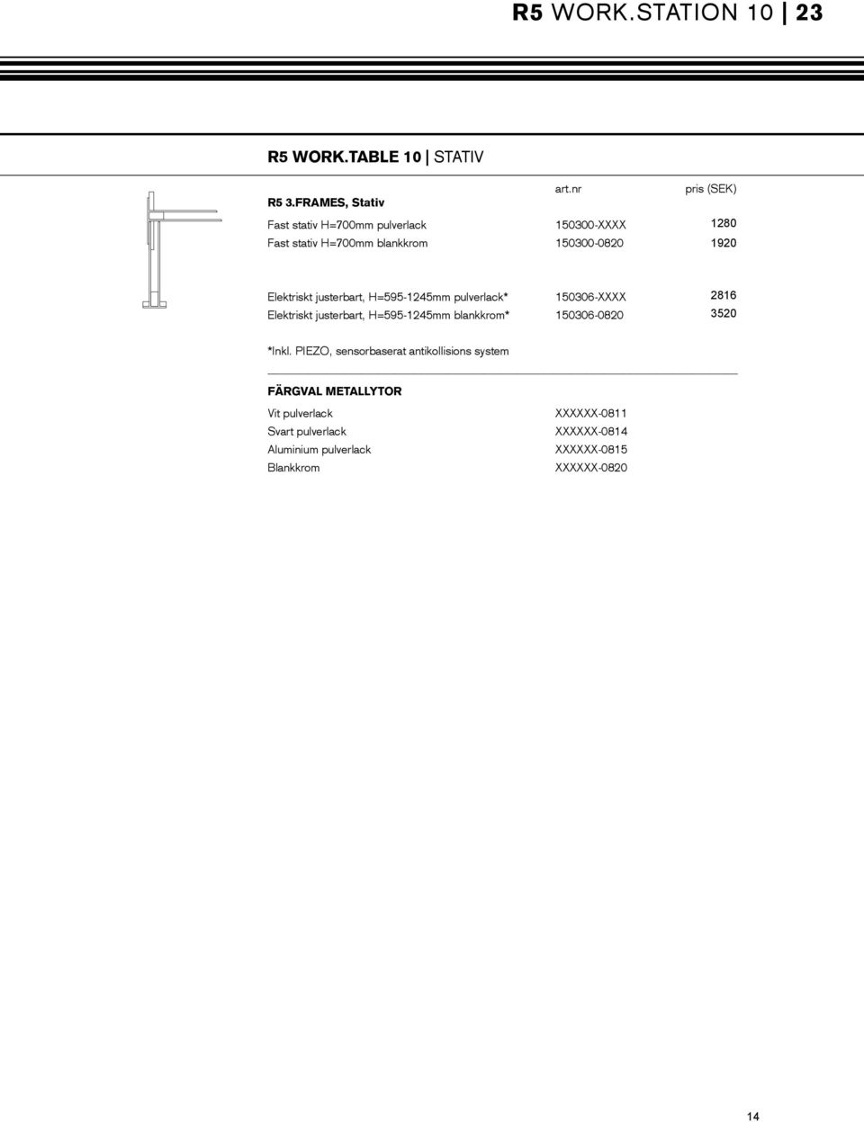 Elektriskt justerbart, H=595-1245mm pulverlack* 150306-XXXX 2816 Elektriskt justerbart, H=595-1245mm blankkrom*