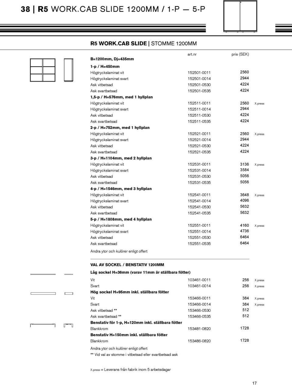 1,5-p / H=576mm, med 1 hyllplan Högtryckslaminat vit 152511-0011 2560 X.