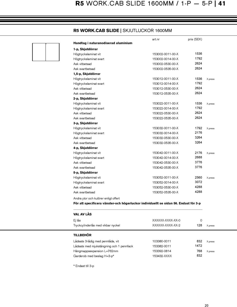 153002-0530-00-X 2624 Ask svartbetsad 153002-0535-00-X 2624 1,5-p, Skjutdörrar Högtryckslaminat vit 153012-0011-00-X 1536 X.