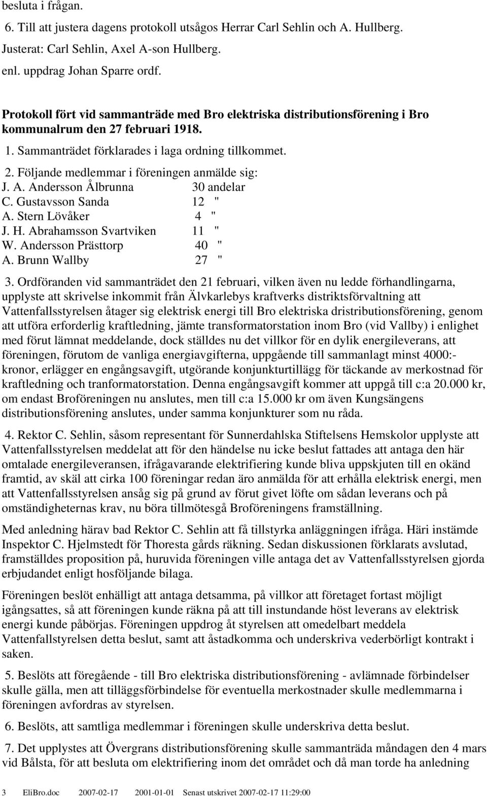 A. Andersson Ålbrunna 30 andelar C. Gustavsson Sanda 12 " A. Stern Lövåker 4 " J. H. Abrahamsson Svartviken 11 " W. Andersson Prästtorp 40 " A. Brunn Wallby 27 " 3.