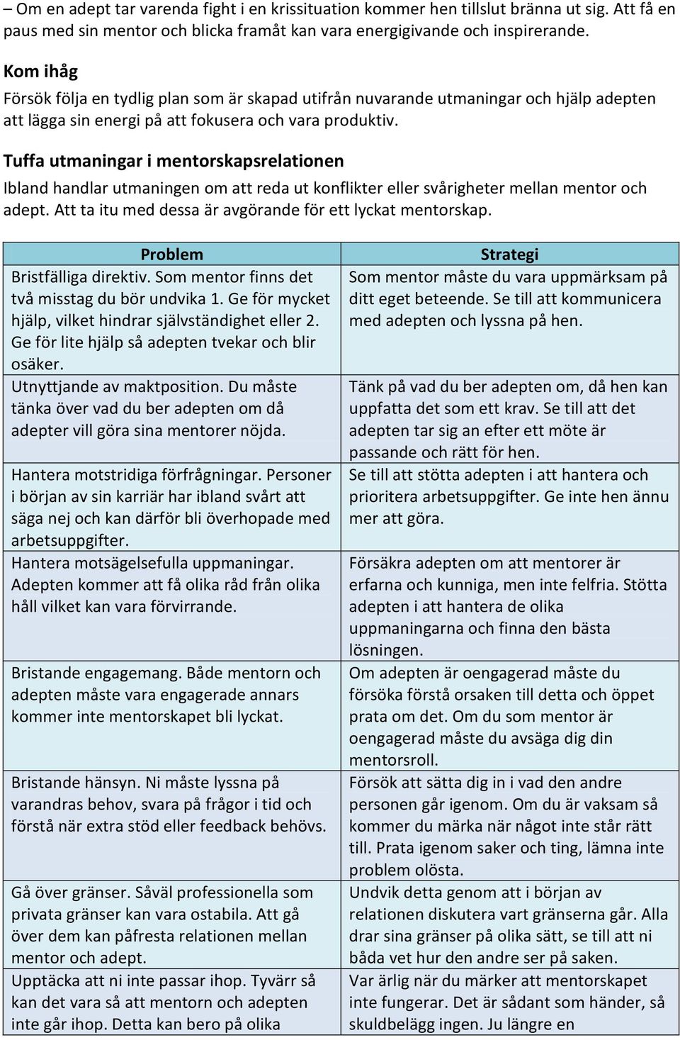 Tuffa utmaningar i mentorskapsrelationen Ibland handlar utmaningen om att reda ut konflikter eller svårigheter mellan mentor och adept. Att ta itu med dessa är avgörande för ett lyckat mentorskap.