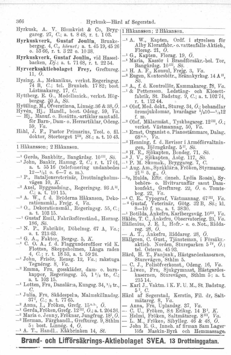 .fi~rag. 19,.0... backen D'J' a t 7168 t 2254 Mana, Kassor l Brandforsakr.bol. '..,..,r... Bangårdsg. 10 III, so. Tor, Hyrverks~ktlebolaget Frey, Greftureg. _1 H. A. F., Konsul, Frejg. 3. Va. 11, O.